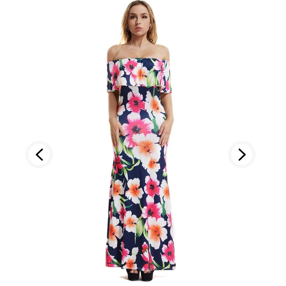 suimiki |Off Shoulder Blue 🌺PrintBoho Maxi Dress 2XL🩷